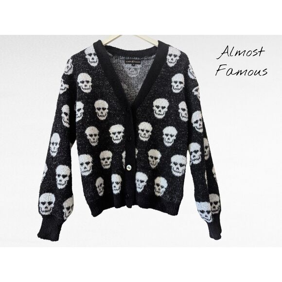 Almost Famous Cozy Skull Monochrome Cardigan   Sz S - Picture 1 of 9